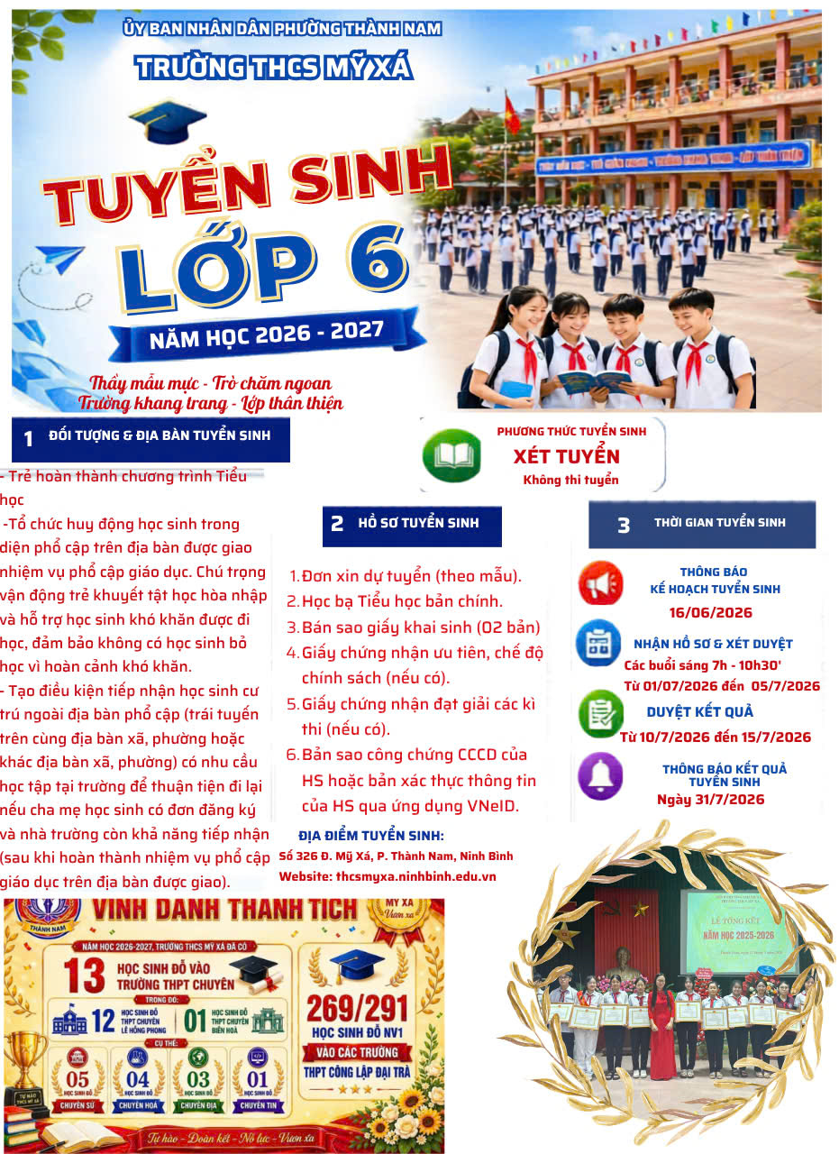 Trường THCS Mỹ Xá thông tin tuyển sinh Lớp 6 năm học 2026-2027