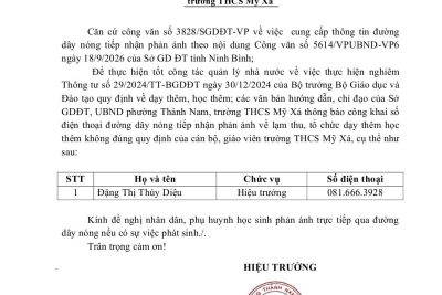 THÔNG BÁO  Công khai số điện thoại đường dây nóng tiếp nhận phản ánh về lạm thu, tổ chức dạy thêm, học thêm không đúng quy định của cán bộ giáo viên  trường THCS Mỹ Xá